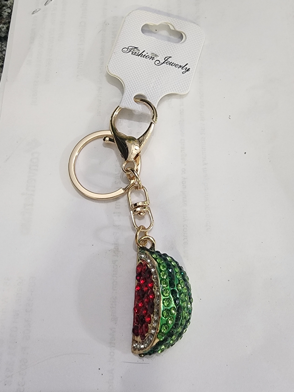 Rhinestone Watermelon Slice Keychain - Gold Hardware, Red & Green Gems